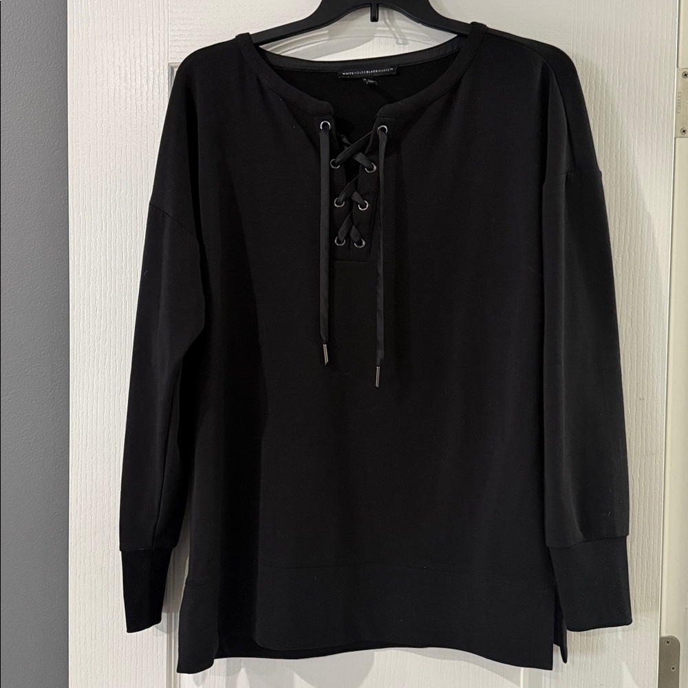 White House Black Market Lace up Black‎ Long Sleeve Top Size XL